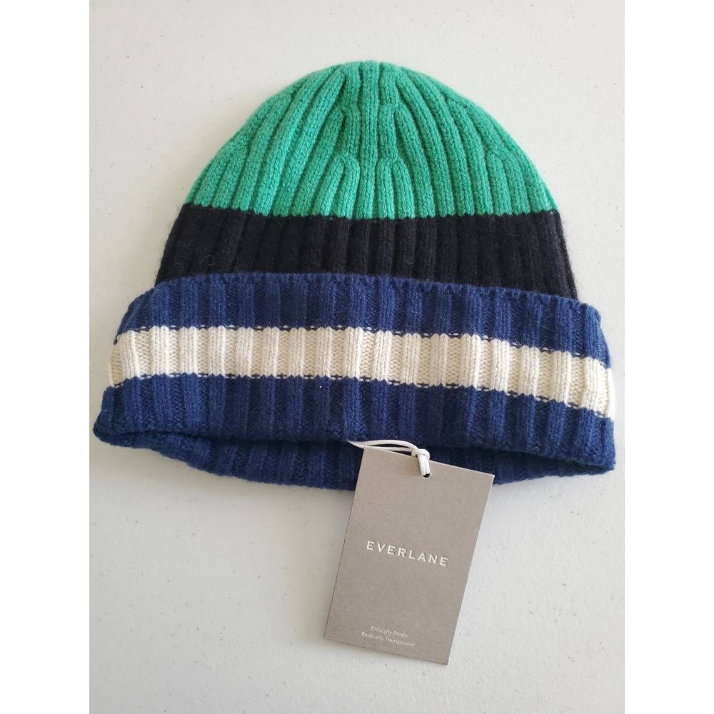 NWT EVERLANE Cashmere Wool Striped Beanie Hat Green Black Navy OS Eco
